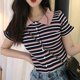 Striped Short-sleeve Polo Shirt As Shown In Figure - One Size