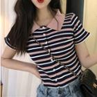 Striped Short-sleeve Polo Shirt As Shown In Figure - One Size