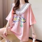 Elbow-sleeve Ruffled Print T-shirt