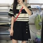 Short-sleeve Collar Striped T-shirt / Button-up Mini A-line Skirt / Set