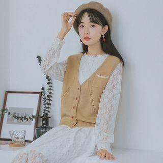 Lace-trim Buttoned Knit Vest
