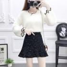 Long-sleeve Furry Trim Faux Fur Sweater+high-waist Mermaid Skirt