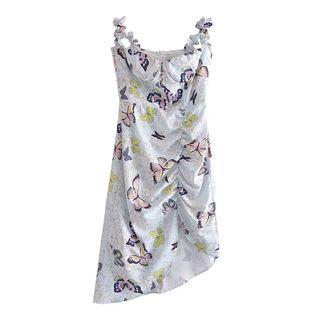 Spaghetti-strap Butterfly Print Asymmetrical Sundress