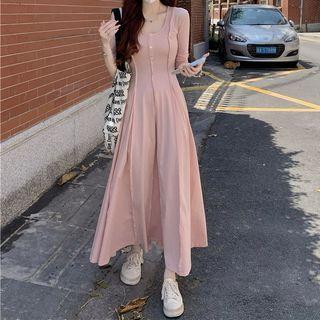 Elbow-sleeve Henley Maxi A-line Dress