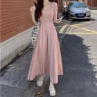 Elbow-sleeve Henley Maxi A-line Dress