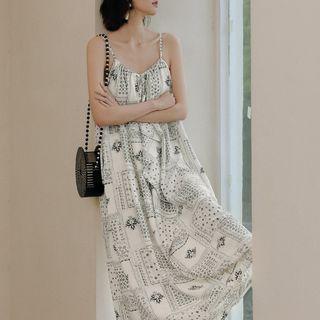 Spaghetti Strap Print Maxi A-line Dress White - One Size