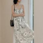 Spaghetti Strap Print Maxi A-line Dress White - One Size