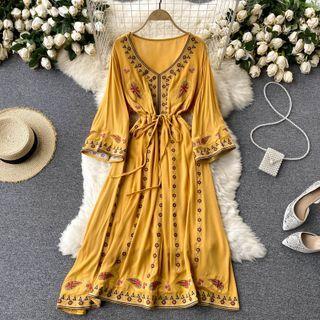 V-neck Long-sleeve Lace-up Strap Embroidered Dress