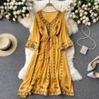V-neck Long-sleeve Lace-up Strap Embroidered Dress