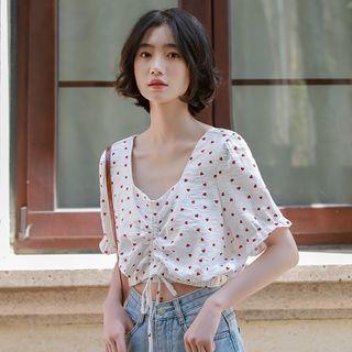 Heart Print Elbow-sleeve Cropped Blouse White - One Size