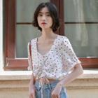 Heart Print Elbow-sleeve Cropped Blouse White - One Size