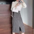 Set: Long-sleeve Blouse + Plaid Midi A-line Skirt