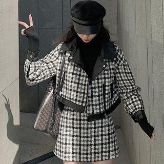 Plaid Zip Jacket / Mini Plaid A-line Skirt / Long-sleeve Top