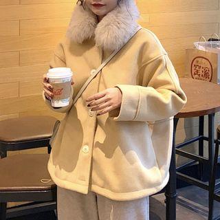 Faux Fur Collar Single-breasted Jacket / Cropped Pants