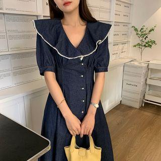 Short-sleeve Collar Denim Midi A-line Dress Dark Blue - One Size