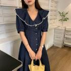 Short-sleeve Collar Denim Midi A-line Dress Dark Blue - One Size