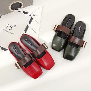 Buckled Faux-leather Square-toe Flat Mules