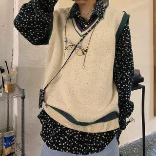 Flower Print Shirt / Contrast Trim Sweater Vest
