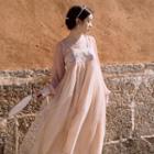 Long-sleeve Embroidered Mesh Panel Midi A-line Hanfu Dress