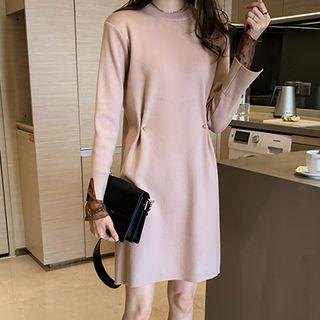 Long-sleeve Mesh-panel Shift Knit Dress