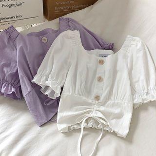 Square Neck Puff-sleeve Drawstring Blouse