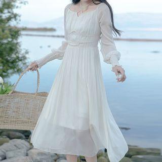 Long-sleeve Square Neck Chiffon Midi A-line Dress