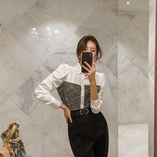 Tweed-panel Satin Blouse Black - One Size