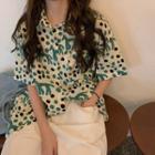 Elbow-sleeve Dotted Animal Print Shirt Green & Black Dots - Almond - One Size