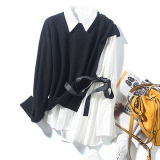 Mock Two-piece Knit Panel Bow Shirt