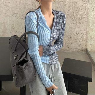 Long-sleeve Buttoned Cold Shoulder Knit Top / Drawstring Sweatpants