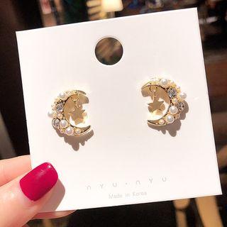 Faux Pearl Rhinestone Moon & Star Earring E1229 - One Size