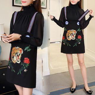 Set : Turtleneck Chiffon Top + Embroidered Pinafore