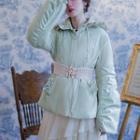 Set: Floral Embroidered Frill Trim Sailor Collar Zip Jacket + Belt