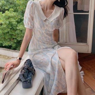 Short Sleeve Contrast Collar Pattern Slit Midi Sheath Dress