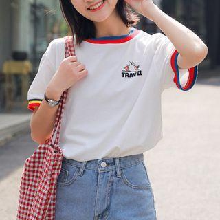 Contrast Trim Cartoon Rabbit Print T-shirt