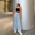 Plain Cropped Knit Cardigan / Cropped Camisole / Lettering Waist Wide-leg Jeans