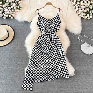 Spaghetti Strap Check Asymmetrical Dress