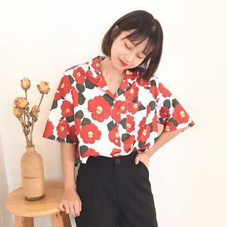Elbow-sleeve Floral Printed Chiffon Shirt