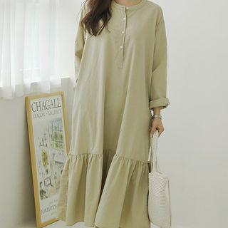 Half-placket Frill-hem Long Dress