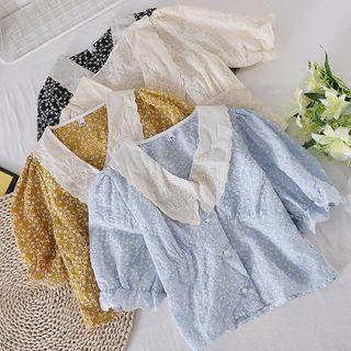 Lace Collar Puff-sleeve Floral Top