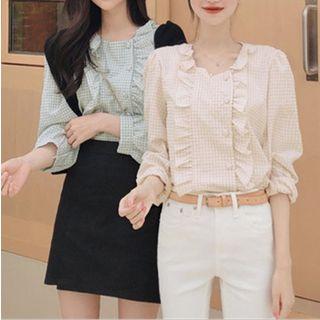 Frilled Trim Check Long Sleeve Blouse
