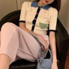Short-sleeve Contrast Collar Cropped Cardigan Almond - One Size