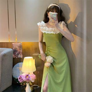 Sleeveless Frill Trim Slit Midi A-line Dress