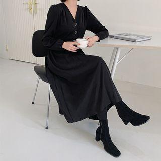 V-neck Shirtwaist Long Pleat Dress