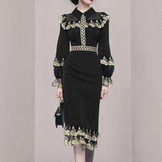 Long-sleeve Lace Trim Panel Layer Dress