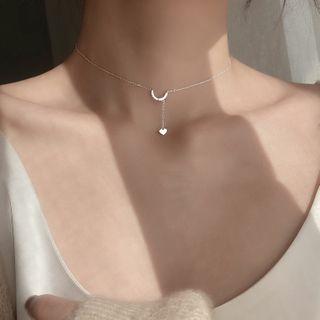 925 Sterling Silver Moon & Heart Pendant Choker