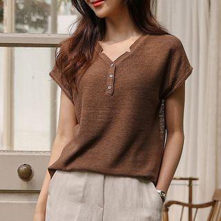 Cap-sleeve Linen Blend Knit Henley
