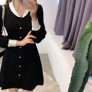 Contrast-trim Faux-pearl Knit Dress