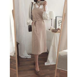 Square-neck Long Pinafore Dress With Sash