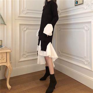 Color-block Turtle-neck Irregular Long-sleeve Dress Black - One Size